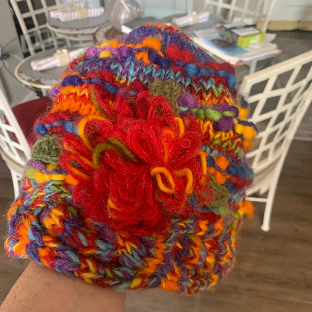 Multicolor Knit Beanie with Red Flower